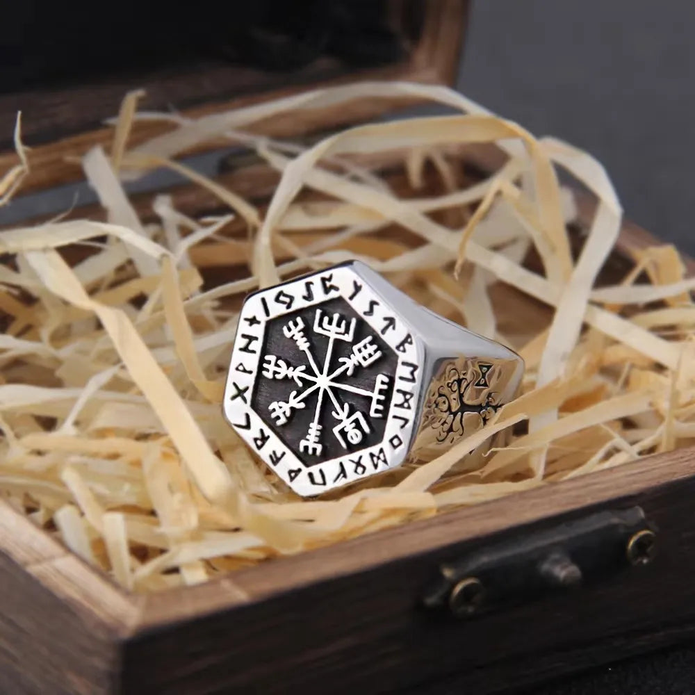 Vegvisir and Helm of Awe Signet Ring – Stainless Steel