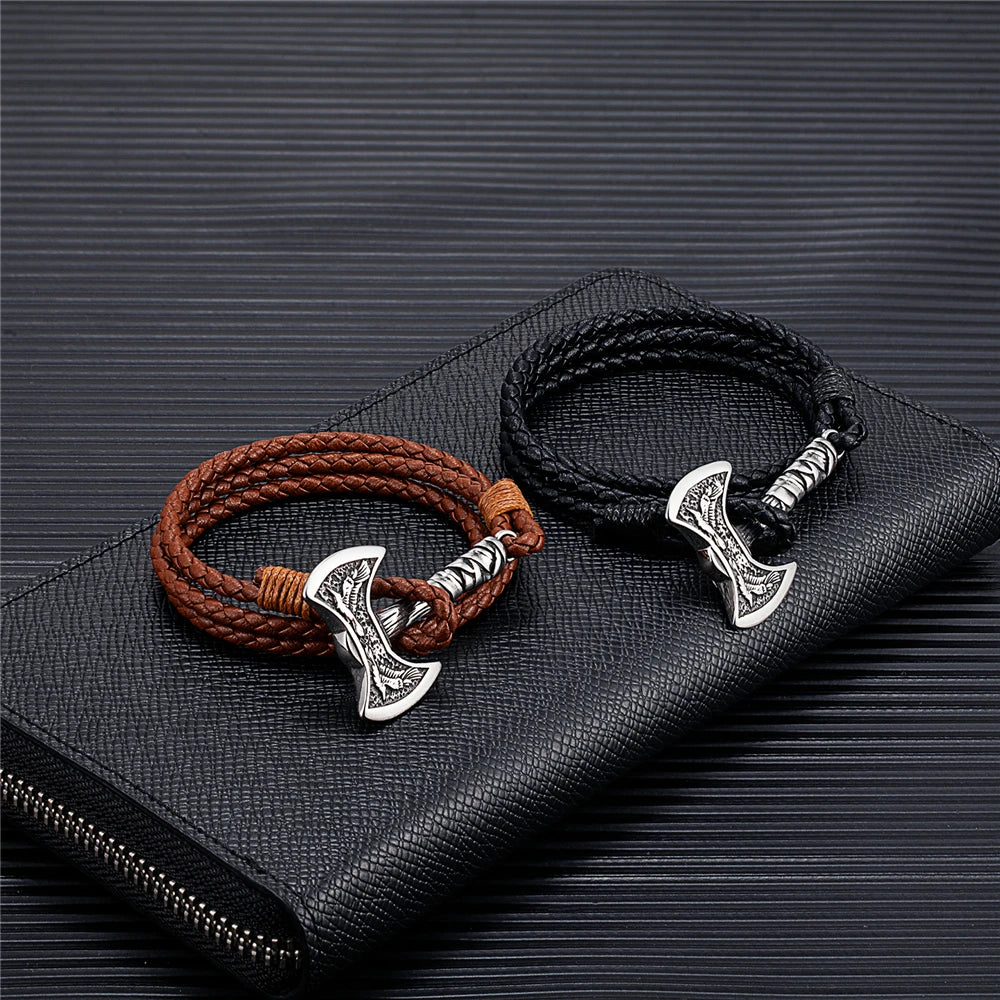 Norse Hatchet Leather Wrap Bracelet – Stainless Steel