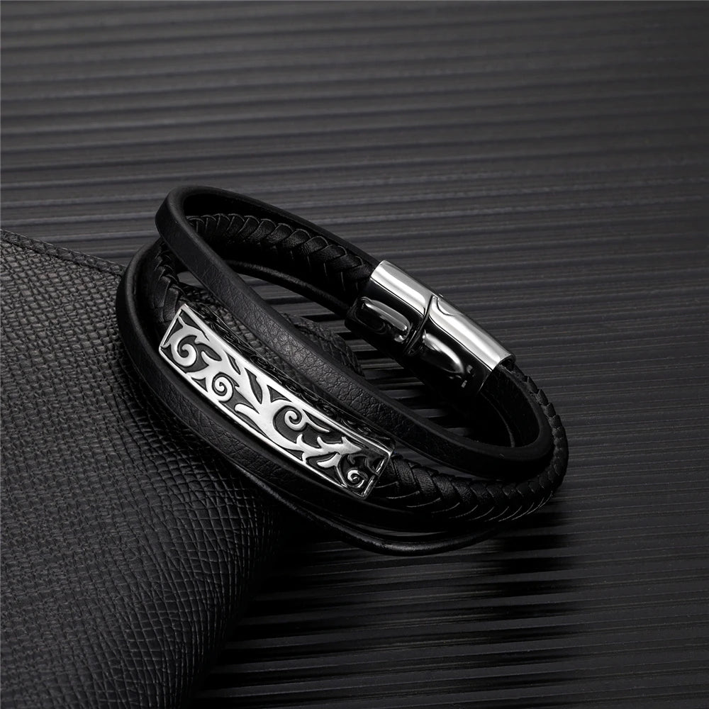 Norse Rune Braided Leather Bracelet – Stainless Steel Beads