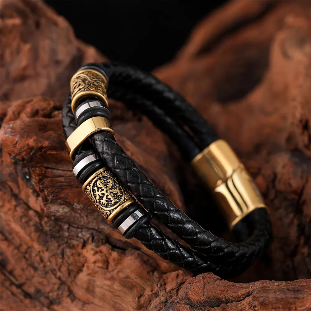 Norse Rune Braided Leather Bracelet – Stainless Steel Beads