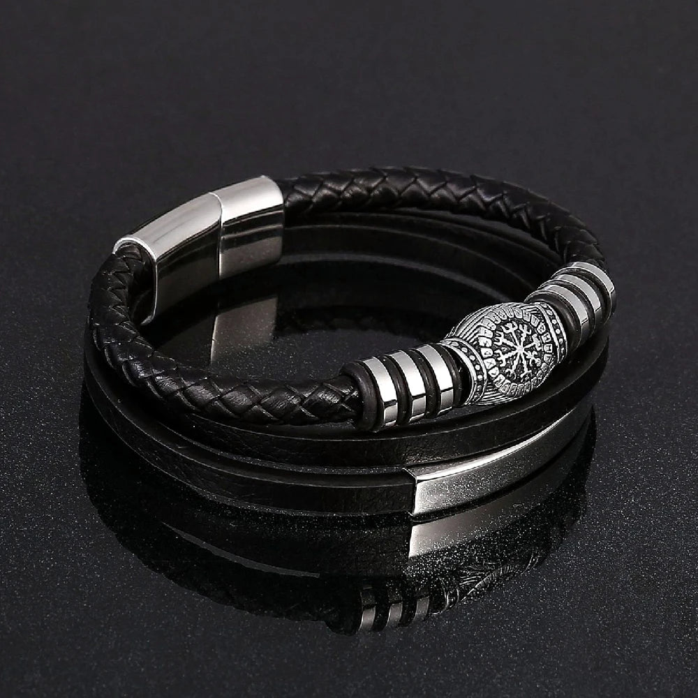 Norse Rune Braided Leather Bracelet – Stainless Steel Beads