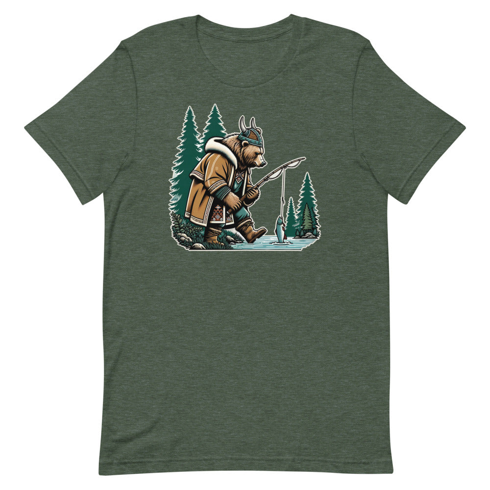 Bjørn the Salmon Raider – Unisex Tee in Heather Forest