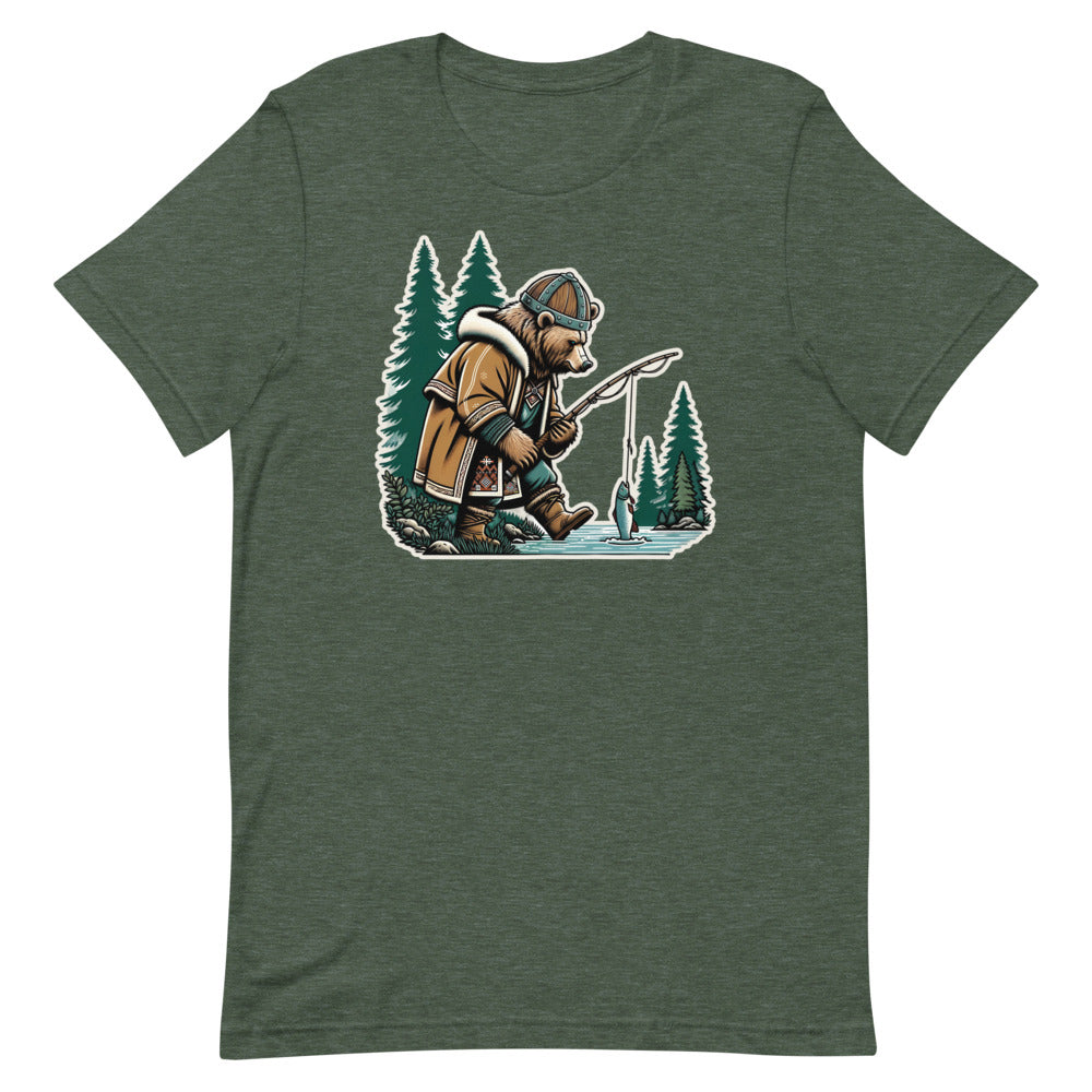 Bjørn the Salmon Raider – Unisex Tee in Heather Forest
