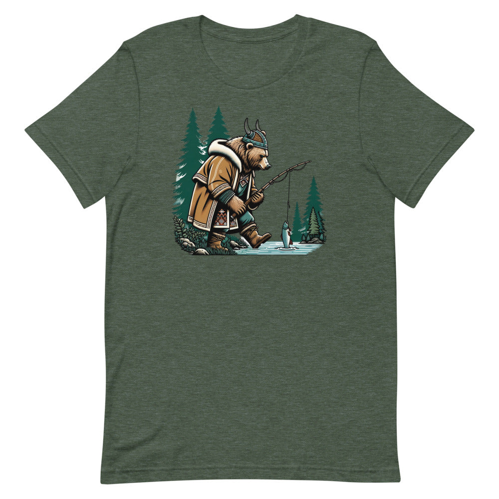 Bjørn the Salmon Raider – Unisex Tee in Heather Forest