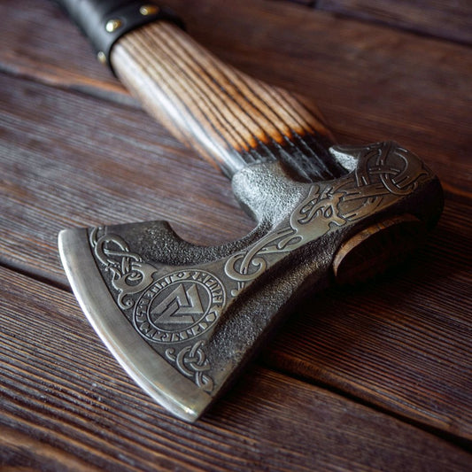 "Valknut" Odin Hand-Forged Viking Axe with Leather Sheath